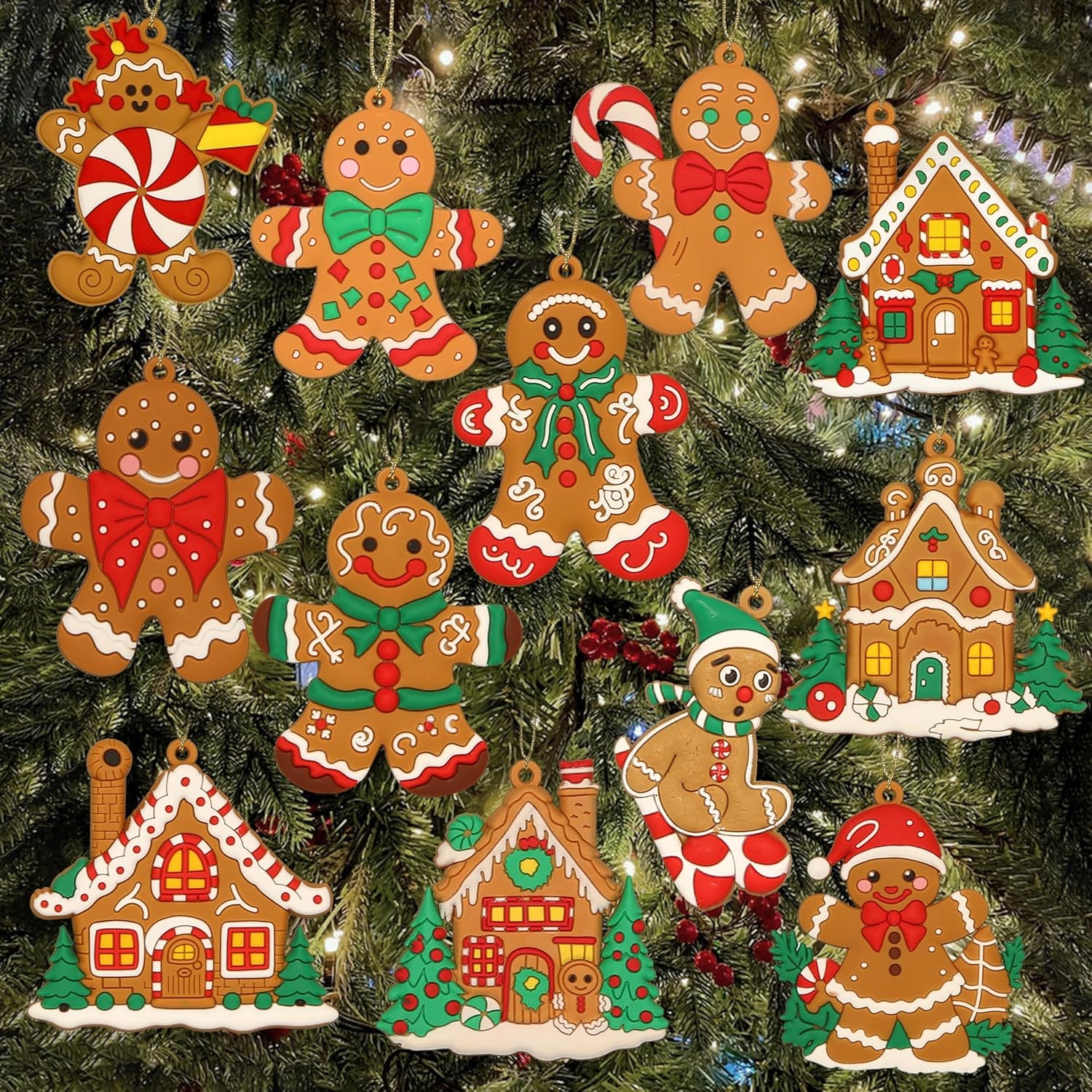 12 PCS Gingerbread Christmas Ornaments - Christmas Tree Decorations Plastic Gingerbread Figurines Ornaments Gingerbread House Ornaments Christmas Tree Hanging Decorations Decor Party