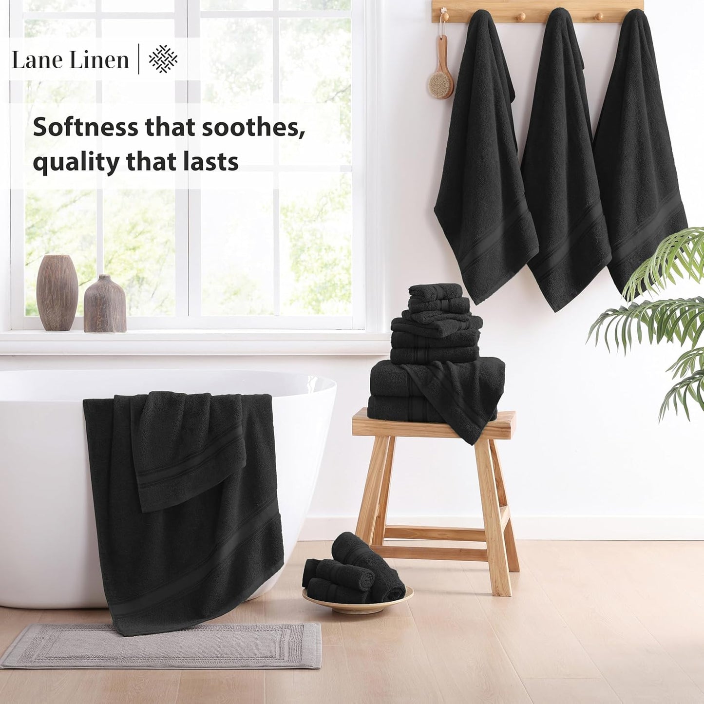 Luxury Bath Towels Set- 100% Cotton Bathroom Towels, Zero Twist, Quick Dry Shower Towel, Extra Aborbent Bath Towel, Super Soft, 6 Bath Towels, 6 Hand Towels, 6 Wash Cloths - Black (18 PC)