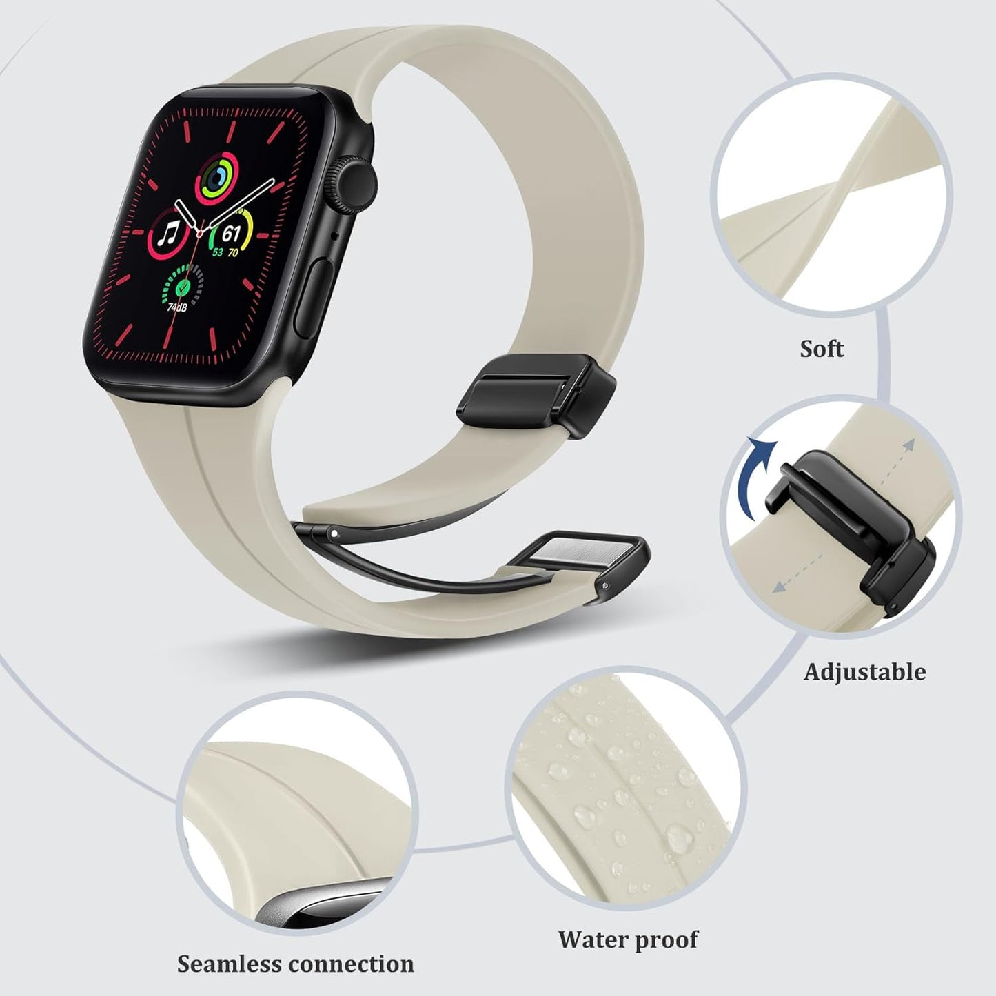 Silicone Watch Band Compatible with Apple Watch Band 38Mm 40Mm 41Mm 42Mm 44Mm 45Mm 49Mm, Magnetic Folding Buckle Sport Watch Strap for Women Men,Adjustable Watch Wristband for Iwatch Series 8/7/6/5/4/3/2/1 Se Ultra