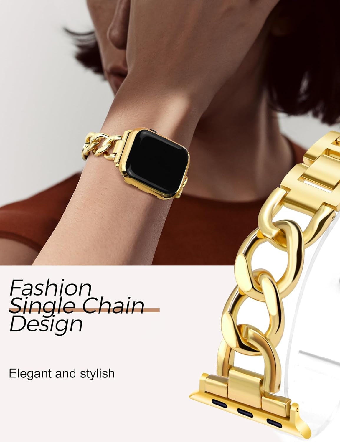 Gold Watch Bands for Women Compatible with Apple Watch Band 38Mm 40Mm 41Mm Adjustable Metal Band Cowboy Steel Single Chain Bracelet for Iwatch Series 9/8/7/6/5/4/3/2/1/Se/Ultra (No Case)