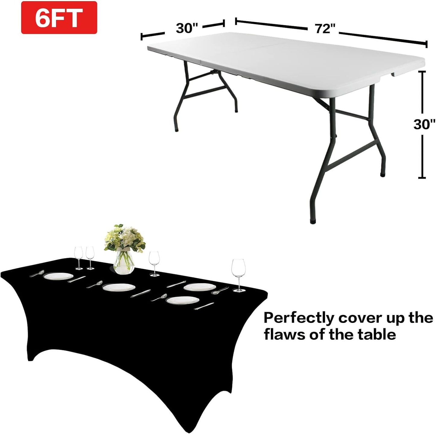 2 Pack 6FT Table Cloth for Rectangular Fitted Events Stretch Black Table Covers Washable Table Cover Spandex Tablecloth Table Protector for Party, Wedding, Cocktail, Banquet, Festival