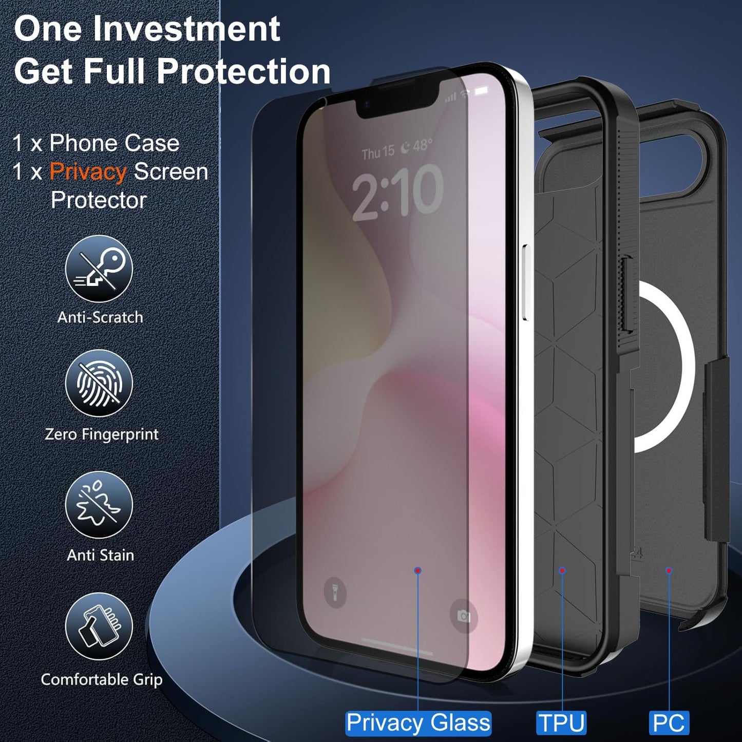 for Iphone 16E Case, Compatible with Magsafe, with Privacy Screen Protector, 15Ft Drop Protection, Dual Layer Magnetic Phone Case for Iphone 16E (2025), Black