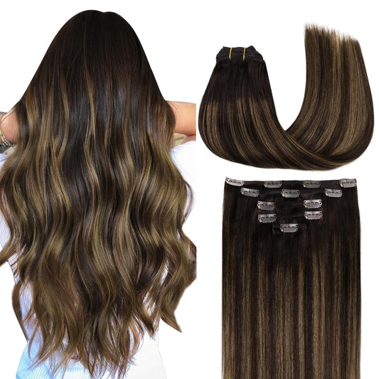 Hair Extensions Clip in Human Hair, 5Pcs 75G Balayage Dark Brown Mixed Chestnut Brown 16 Inch, Clip in Hair Extensions Real Human Hair Extensions Natural Straight Hair for Women