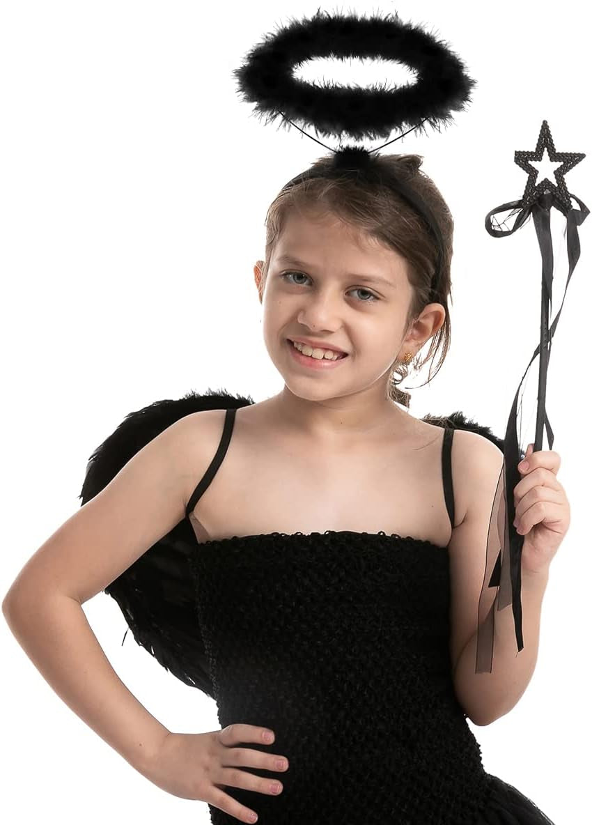 Black White Angel Wings Halo Headband with Wand for Kids Feather Fairy Wings Halloween Party Costume