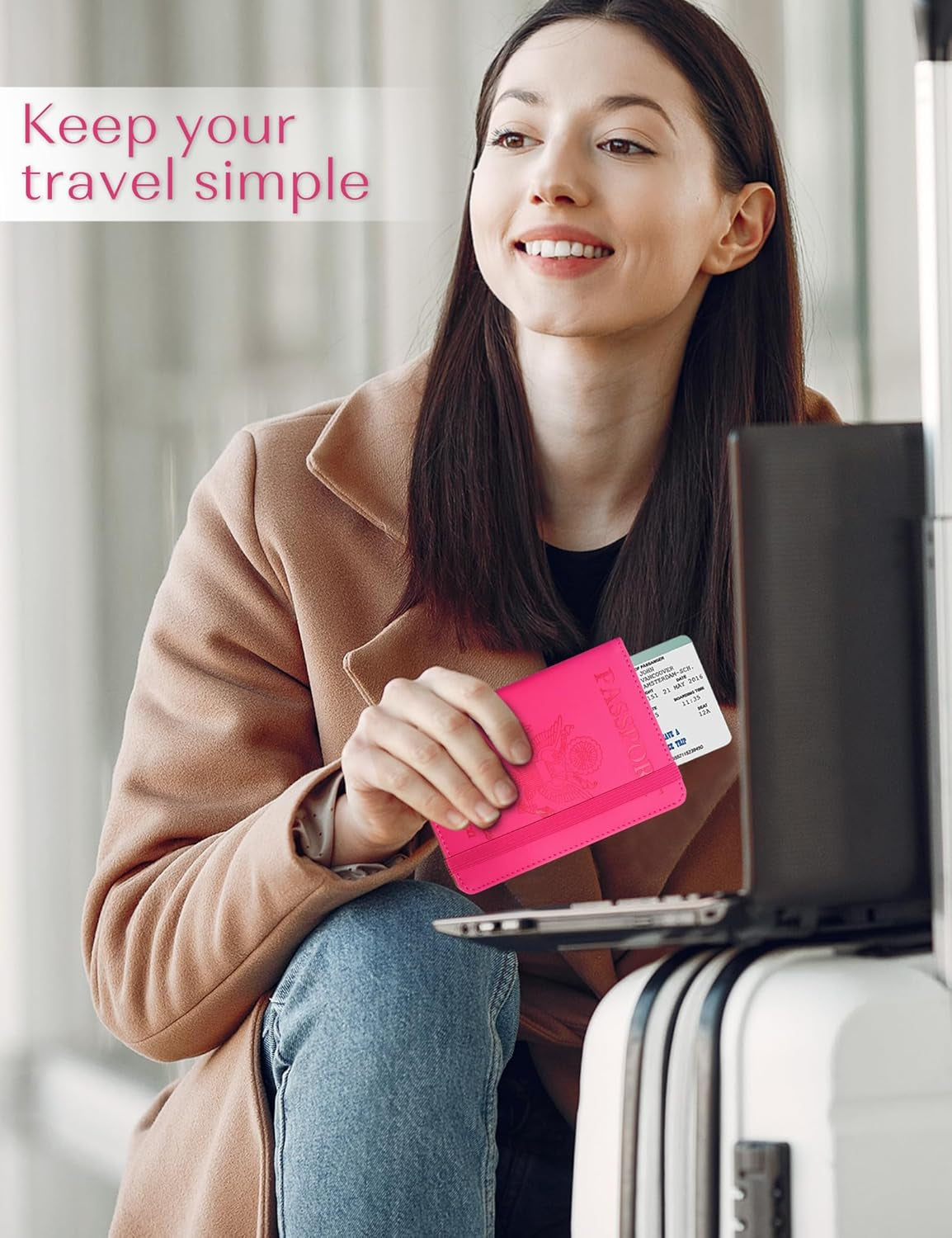 Passport Holder, RFID Blocking Passport Cover Wallet Case with Elastic Strap, Faux Leather Passport Card Holder, Cute Travel Essentials for Women Men Family, Hot Pink TLBH