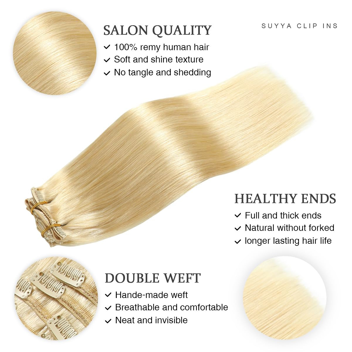Clip in Hair Extensions Real Human Hair,Bleach Blonde Clip in Hair Extensions Straight Human Hair Clip in Extensions Double Weft Hair Extensions Clip Ins 7Pcs 120G (16 Inches #613 Bleach Blonde)