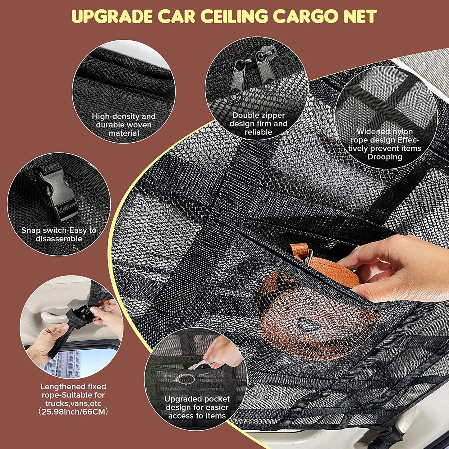 Car Ceiling Cargo Net Pocket,35.4"X23.6" Load-Bearing Double-Layer Mesh Car Roof Storage Organizer for Ford,F150,Jeep,Honda Crv,Mini Van,Rav4,Car Camping Accessories