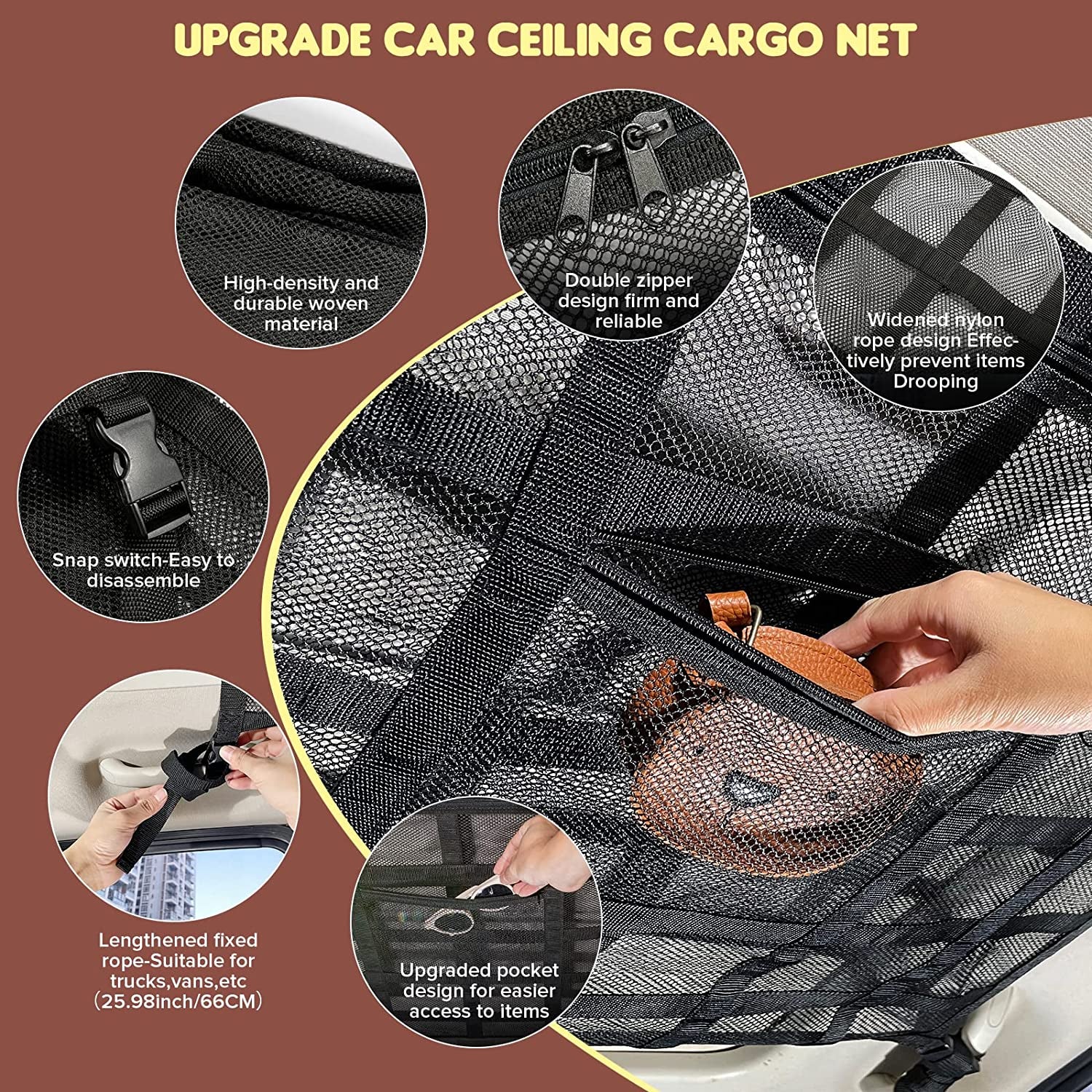 Car Ceiling Cargo Net Pocket,35.4"X23.6" Load-Bearing Double-Layer Mesh Car Roof Storage Organizer for Ford,F150,Jeep,Honda Crv,Mini Van,Rav4,Car Camping Accessories