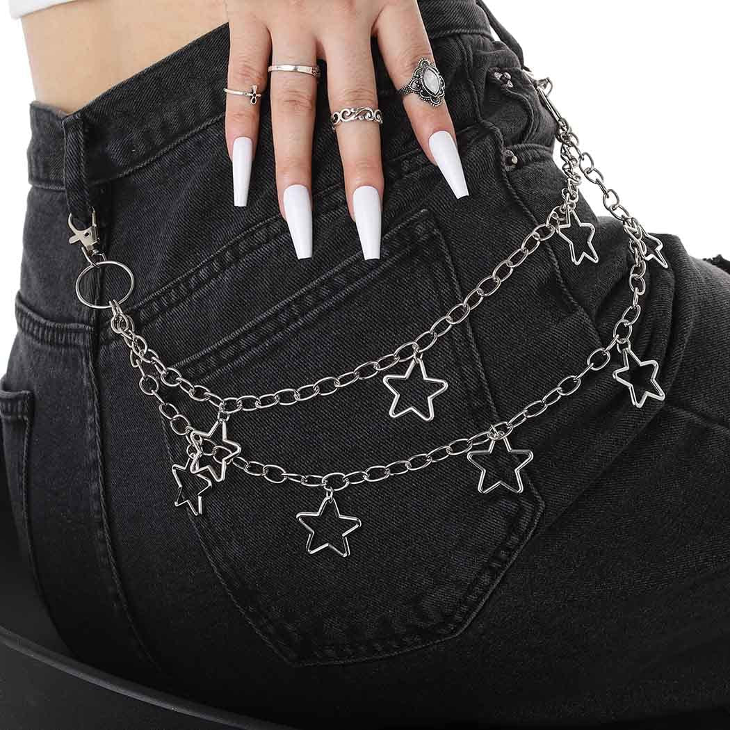 Hip Hop Pants Chain Goth Jean Chains Star Punk Pocket Chain for Women Layered Acrylic Keychains Cute Trouser Chain Rock Wallet Chain for Men Waist Body Accessories for Girls (2 Stat-1)