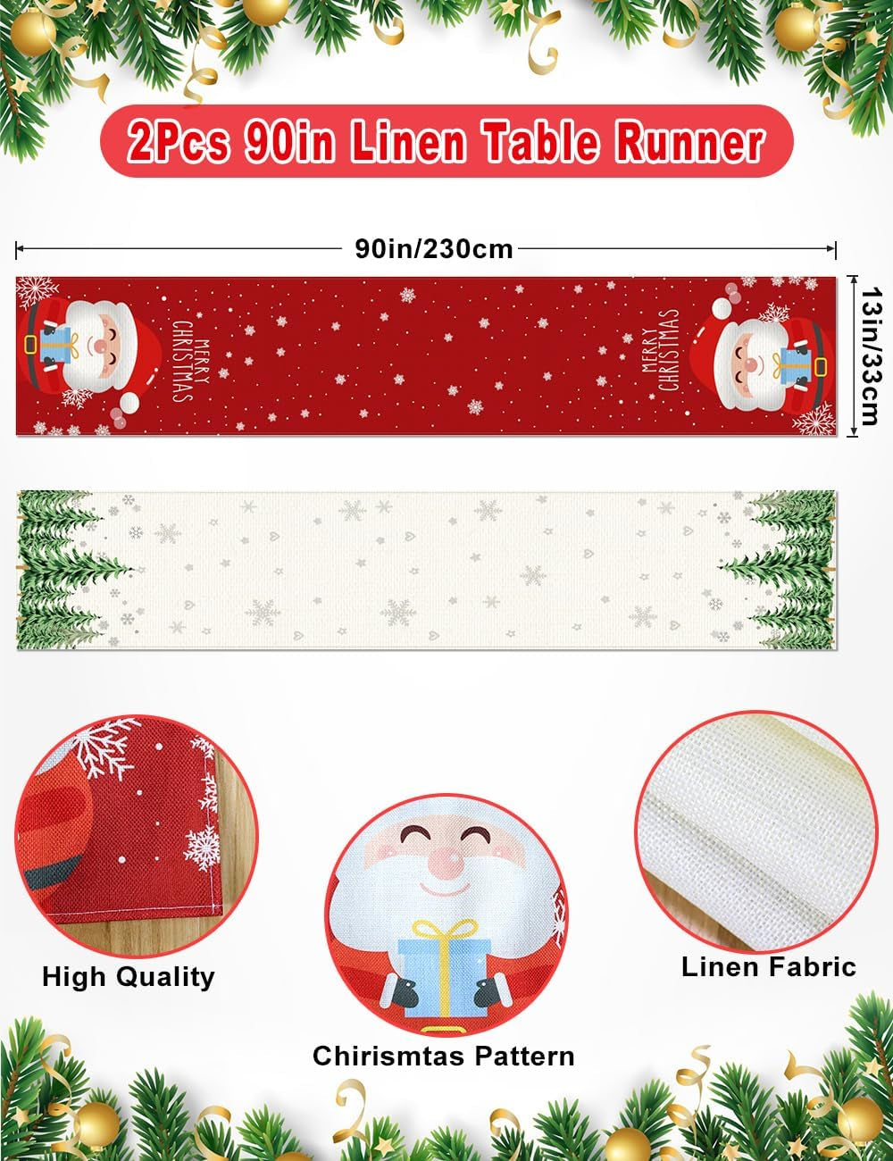 Set of 2 Christmas Table Runner, Including Linen Christmas Trees Table Runner, Merry Christmas Santa Claus Table Runner for Xmas Holiday Seasonal Winter Decoration Indoor Party Wedding 90In
