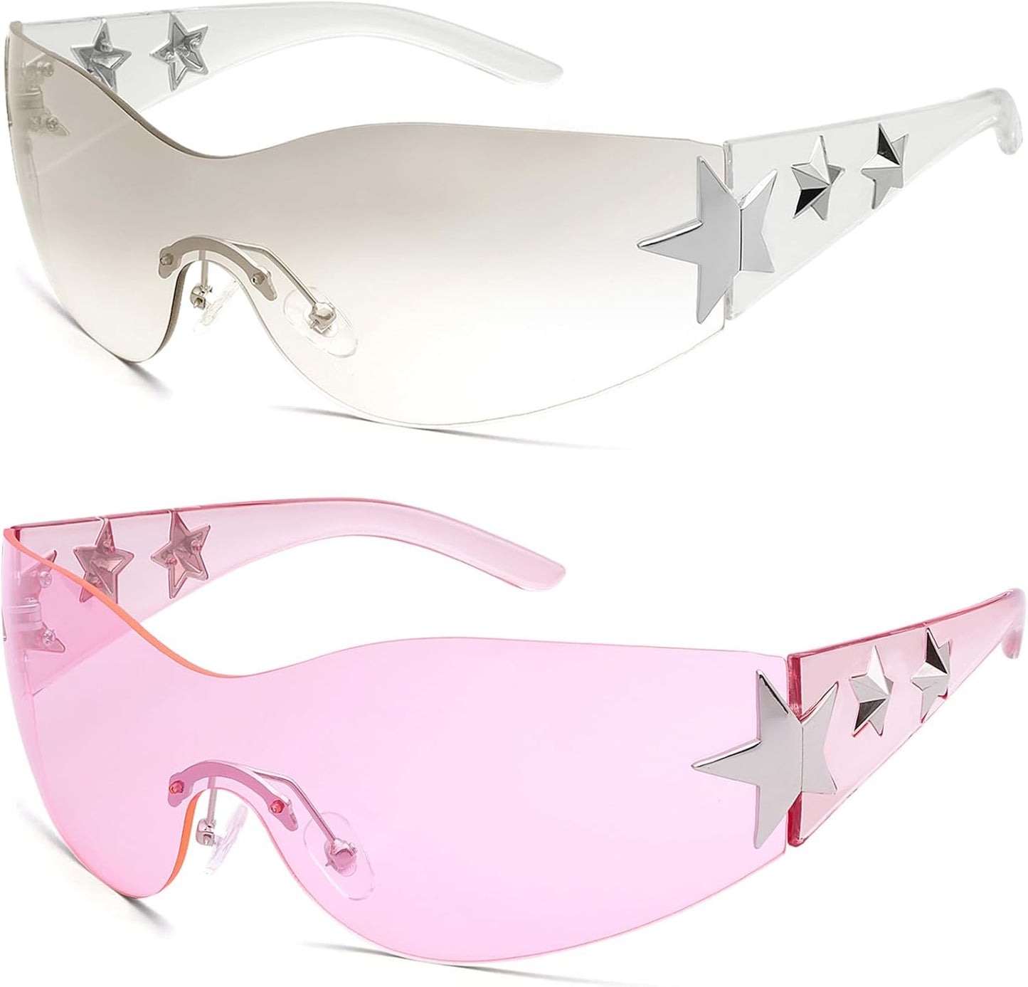 Rimless Y2K Sunglasses Star Wrap around Glasses 2000S Accessories for Women Men Trendy Fashion Cool Shield Shades