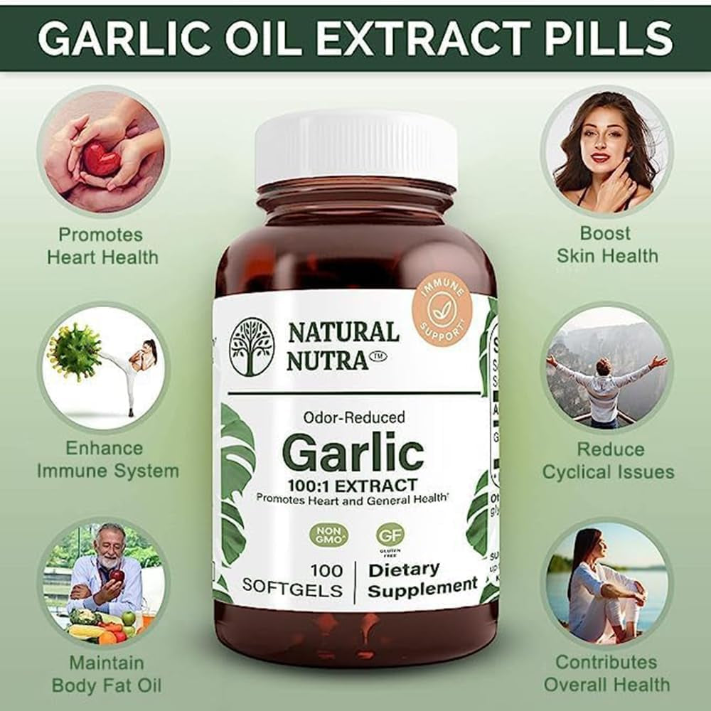 Odorless Garlic Oil Supplement, Organic Pills for Boost Heart Health & Skin Health, Enhance Immune System, Reduce Cyclical Issue, Maintain Body Fat Oil, Allium Sativum 500Mg,100 Softgels TLBH