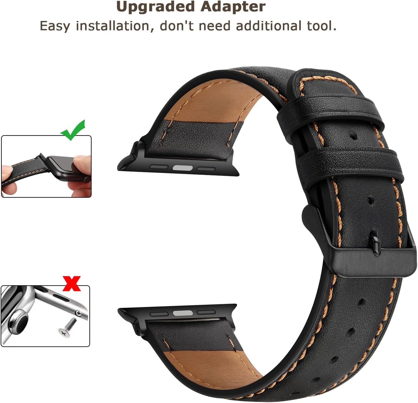 Bands Compatible with Apple Watch Band 49Mm 45Mm 44Mm 42Mm Men Genuine Leather Replacement Bands Compatible with Apple Watch Ultra 2 Ultra SE 2 SE Series 9 8 7 6 5 4 3 2 1, Black
