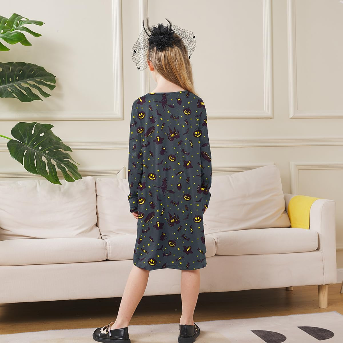 Girls Halloween Costumes Dresses for Kids Costume Dress Long Sleeve Printed Shirt Dresses with Pockets