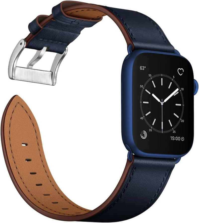 Compatible with Apple Watch Band 49Mm 46Mm 45Mm 44Mm 42Mm(Series 3 2 1), Genuine Leather Band Replacement Strap Compatible with Apple Watch (Black/Black+Dark Blue/Blue)