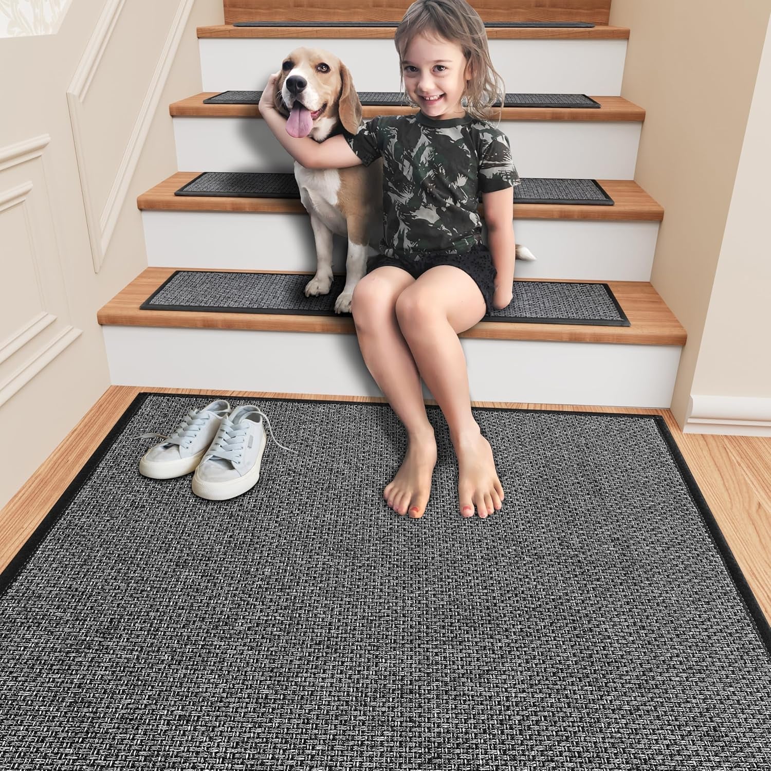 Stair Treads Carpet for Wooden Steps, Non Slip Landing Mat Rug Whit Rubber Backing, Polyester Soft Stairs Resistant Indoor Skid Runner Safety Rugs for Family, Absorbent Washable 31" X 31" Dark Gray