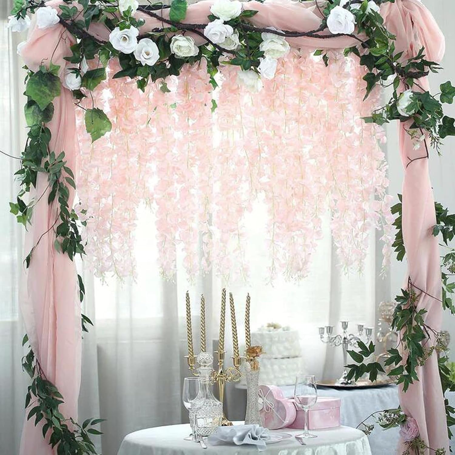 Wisteria Hanging Flowers 24 Pack Artificial Flowers Fake Wisteria Vine Rattan Hanging Garland Silk Flowers String for Party Home Wall Greenery Wedding Decor (Light Pink)