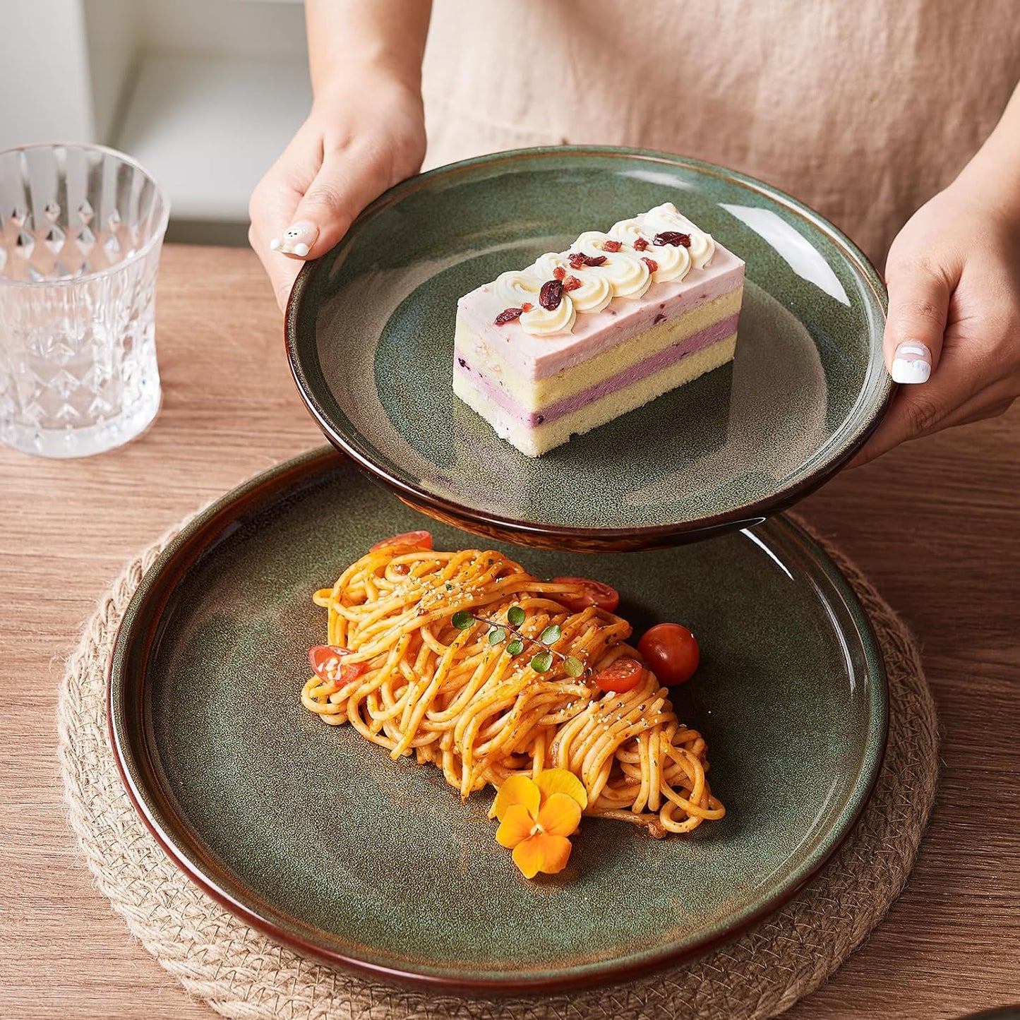 Stoneware Dinnerware Sets Service for 4, 12 Pcs Reactive Glaze Plates and Bowls Sets, Handmade Ceramic Dish Set, Highly Chip and Crack Resistant Modern Plate Set, Sage Green