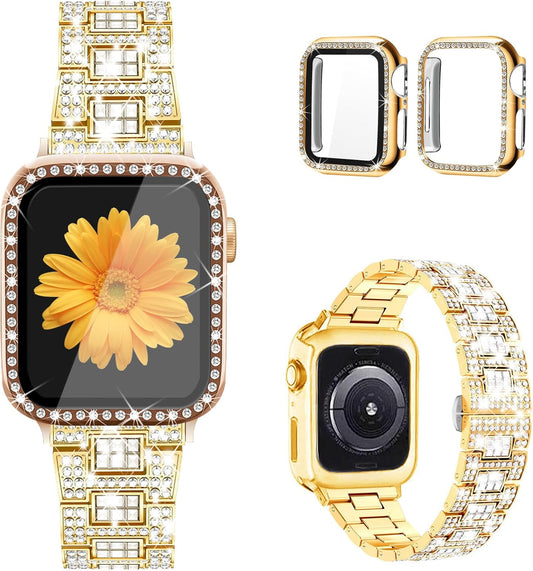 Compatible for Apple Watch Band with Screen Protector Case, Jewelry Replacement Band 45Mm 44Mm 42Mm 41Mm 40 Mm 38Mm 2 Pack Bling Protective Cover for Iwatch Series 9/8/7/6/5/4/3/2/1/SE Women