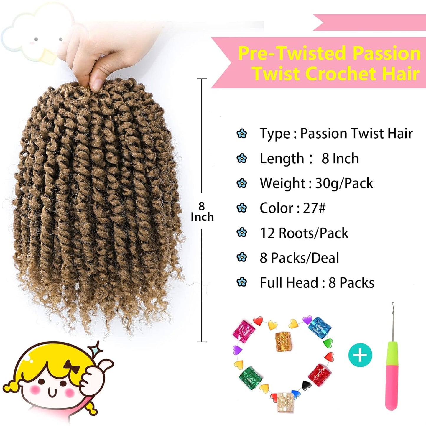 Passion Twist Hair 8 Inch, 8 Packs Passion Twist Crochet Hair for Black Women, Prelooped Crochet Twist Hair with Curly Ends (8Inch, 27#)