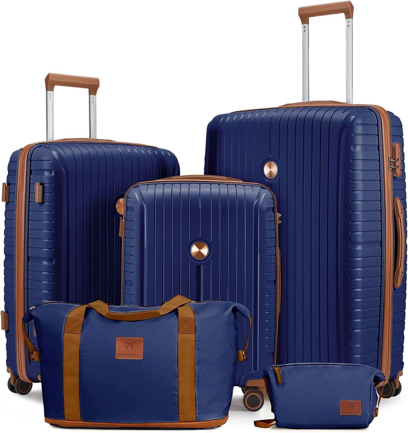 Luggage Sets 5 Piece Suitcase Set, PP Hardshell Carry on Suitcase Set, Travel Suitcases with Double Spinner Wheels and TSA Lock, Black Brown