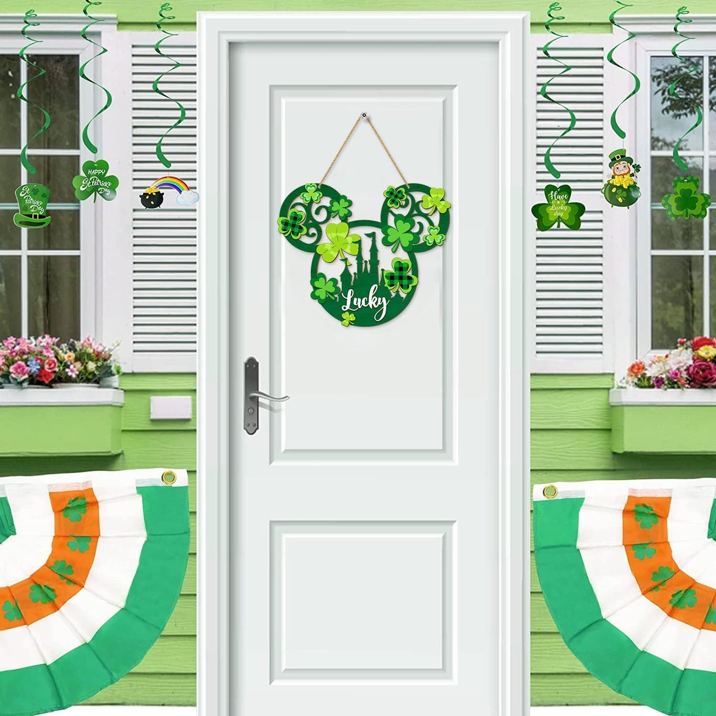 St. Patrick'S Day Door Sign Mouse Shaped, Shamrock Wooden Hanging Sign Lucky Irish Welcome Wood Wreath Hanging Sign with Rope for Happy St. Patrick'S Day Party Front Door Wall Home Decorations Green