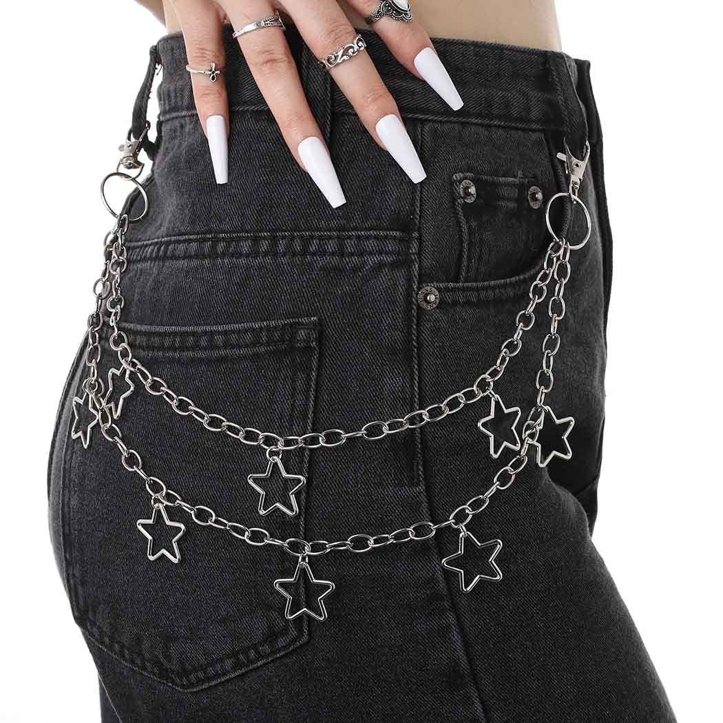 Hip Hop Pants Chain Goth Jean Chains Star Punk Pocket Chain for Women Layered Acrylic Keychains Cute Trouser Chain Rock Wallet Chain for Men Waist Body Accessories for Girls (2 Stat-1)