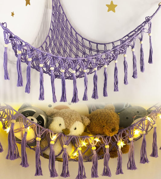Stuffed Animal Net or Hammock - Hanging Stuffed Animal Hammock Storage - Toy Hammock Holder Boho Wall Corner Hammock Organizer Inc LED Light and Hooks, Purple