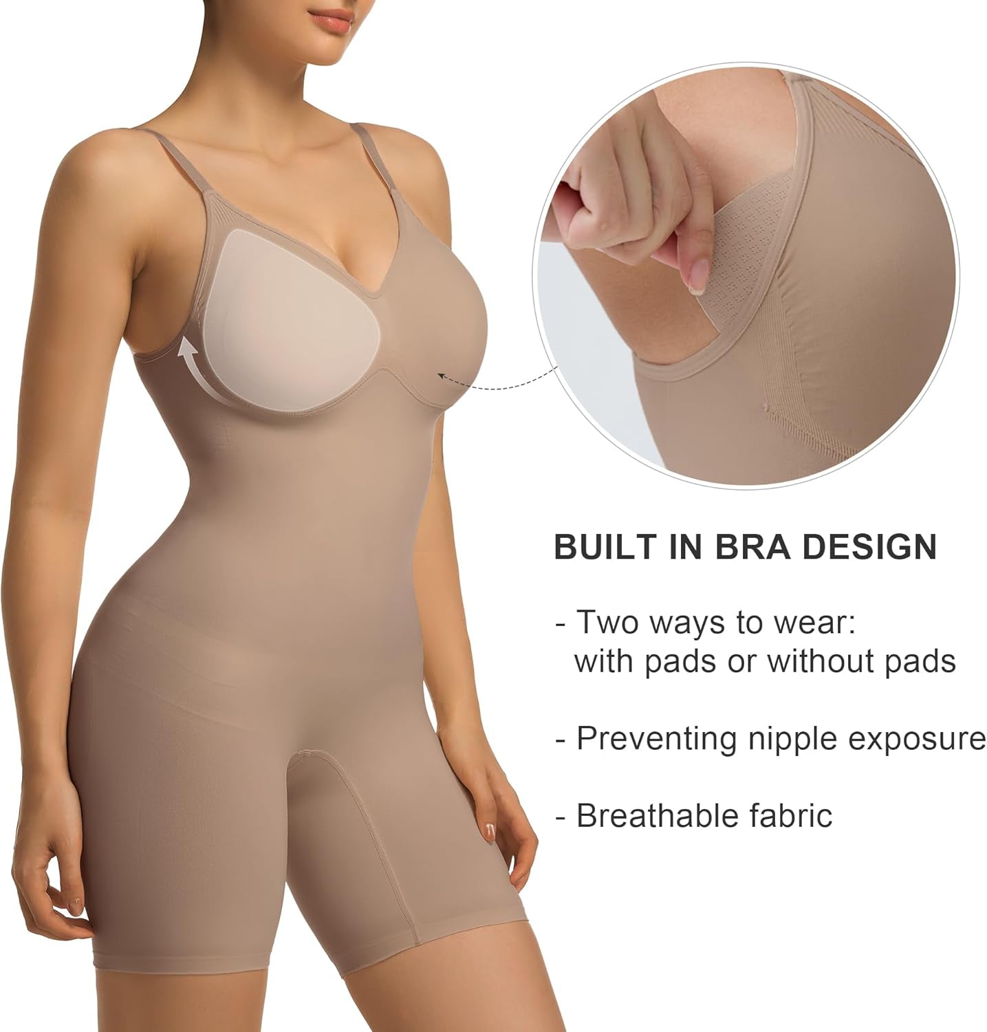 Women'S Bra Free Bodysuits Tummy Control Shapewear Mid Thigh Body Shaper with Removable Pads