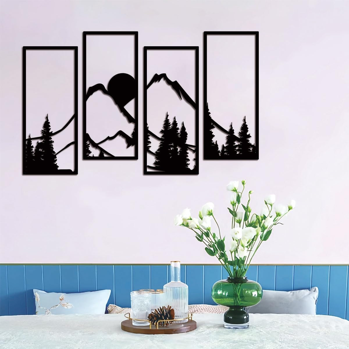 Metal Sunset Mountain Forest Wall Decor Set of 4, Minimalist Line Drawing Large Mountains Wall Art Home Decor for Living Room Bedroom Office…