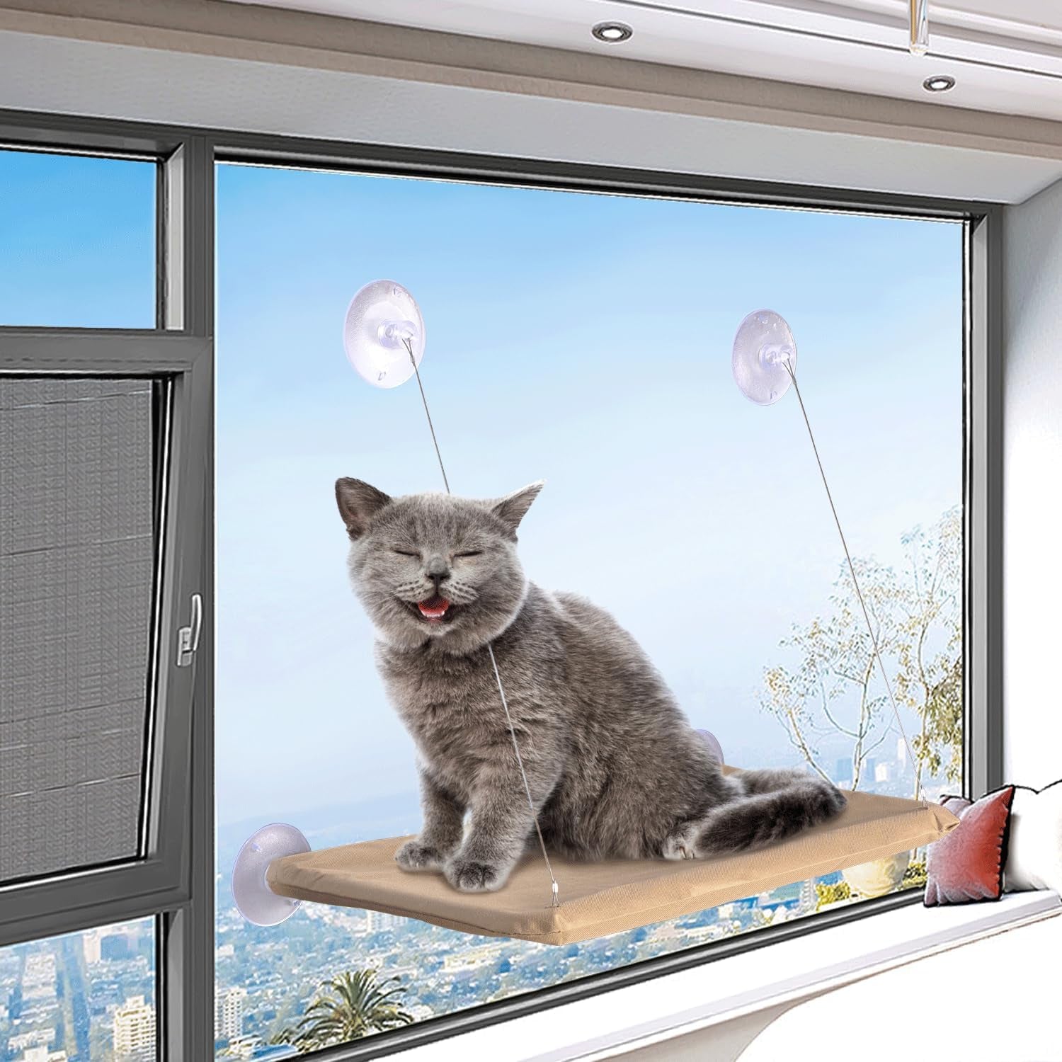 Cat Perch for Window Sill with Bolster-Cat Hammock Window Seat,Easy to Adjust Cat Bed for Windowsill, Bedside, Drawer and Cabinet(Khaki)