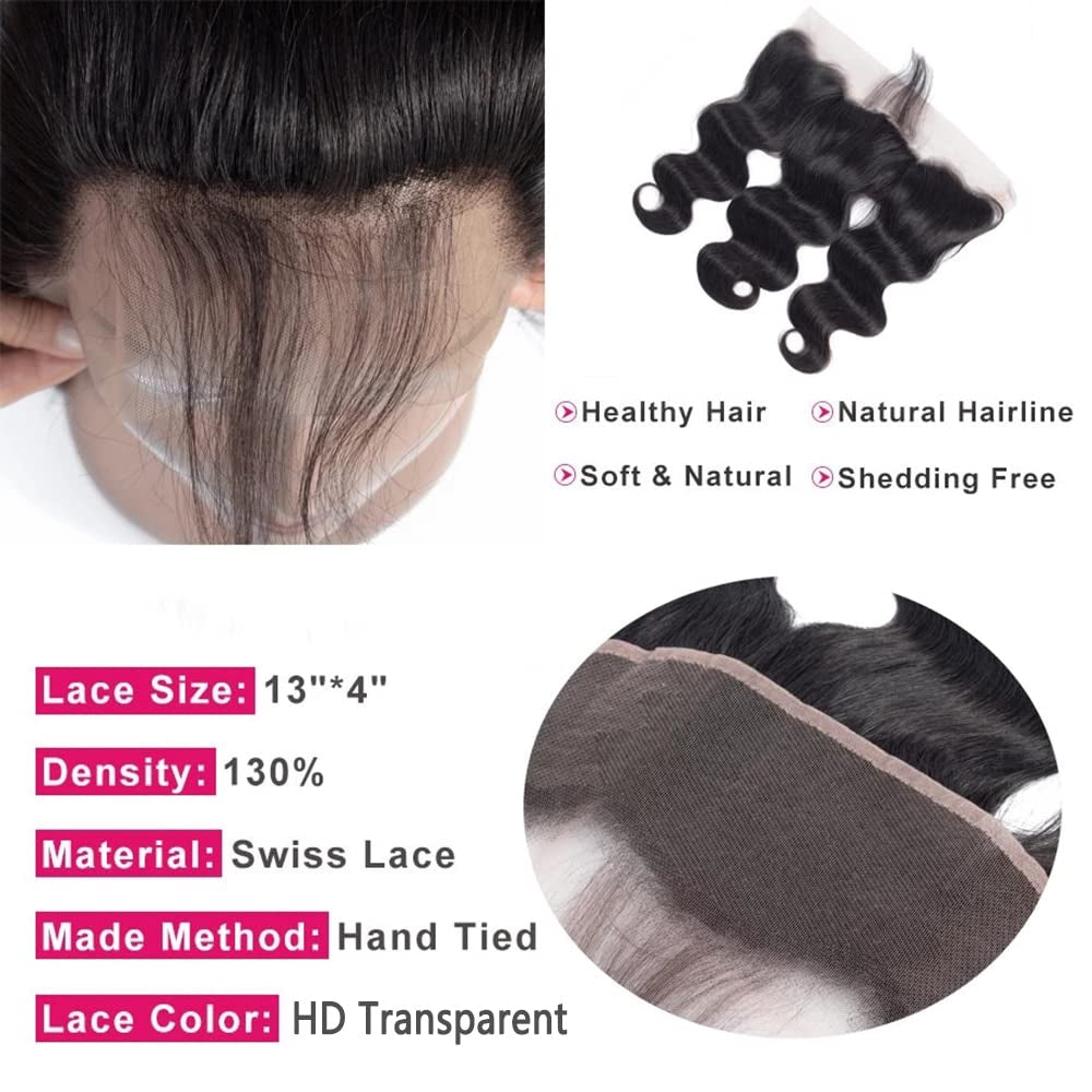 13X4 HD Lace Frontal Closures Body Wave Human Hair with Baby Hair Ear to Ear Transparent Lace Frontal Closure Human Hair 130% Density Brazilian Virgin Human Hair Pre Plucked Hairline