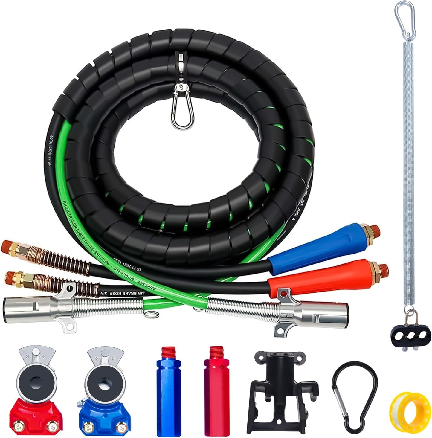 7 Way Coiled Cord 15 FT Green ABS Electrical Power Cords Coil Pigtail Power Wire Heavy Duty Cable for Semi Truck Trailer Tractors