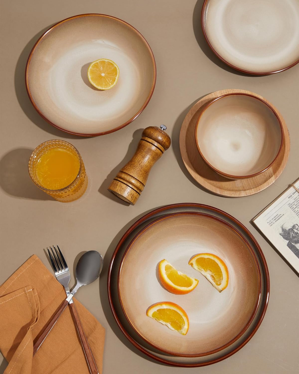 Stoneware Dinnerware Set Service for 4, 12 Pcs Reactive Glaze Plates and Bowls Sets, Handmade round Dishes Set, Highly Chip and Crack Resistant Modern Plate Set, Red Brown & Yellow