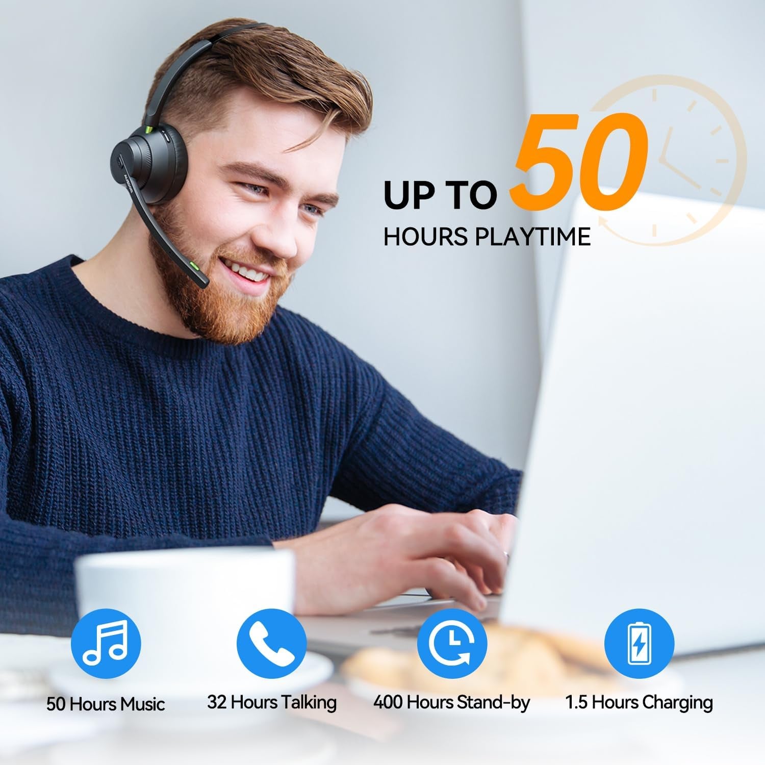 Trucker Bluetooth Headset with Microphone: A2301 Wireless 5.2 On-Ear Headset with AI Noise Cancelling Mic & Mute Button, 50H Playtime for Work from Home Office Call Center Cellphones Laptop TRUCK DRIVER