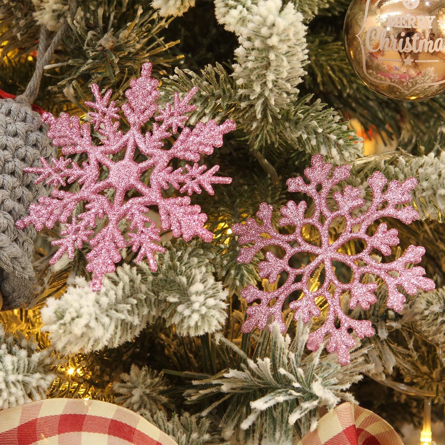 Plastic Christmas Glitter Snowflake Ornaments Christmas Tree Decorations, 4-Inch, Set of 36, Pink