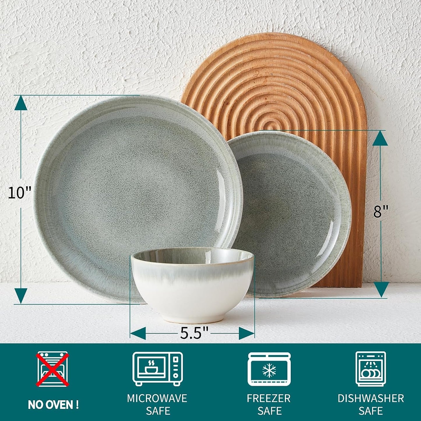 Gradient Green Stoneware Dinnerware Set, 12 Pcs Reactive Glaze Plates and Bowls Sets, Handmade round Dishes Set for 4, Highly Chip and Crack Resistant Modern Plate Set