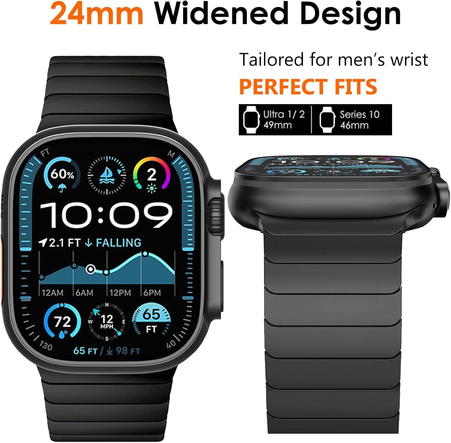 Compatible for Apple Watch Ultra 2 Band Ultra Band 49Mm 46Mm 45Mm 44Mm 42Mm Series 10 9 8 7 for Men, 24Mm Wide Stainless Steel Metal Bands for Apple Watch Iwatch SE Series 6 5 4 Link, Black
