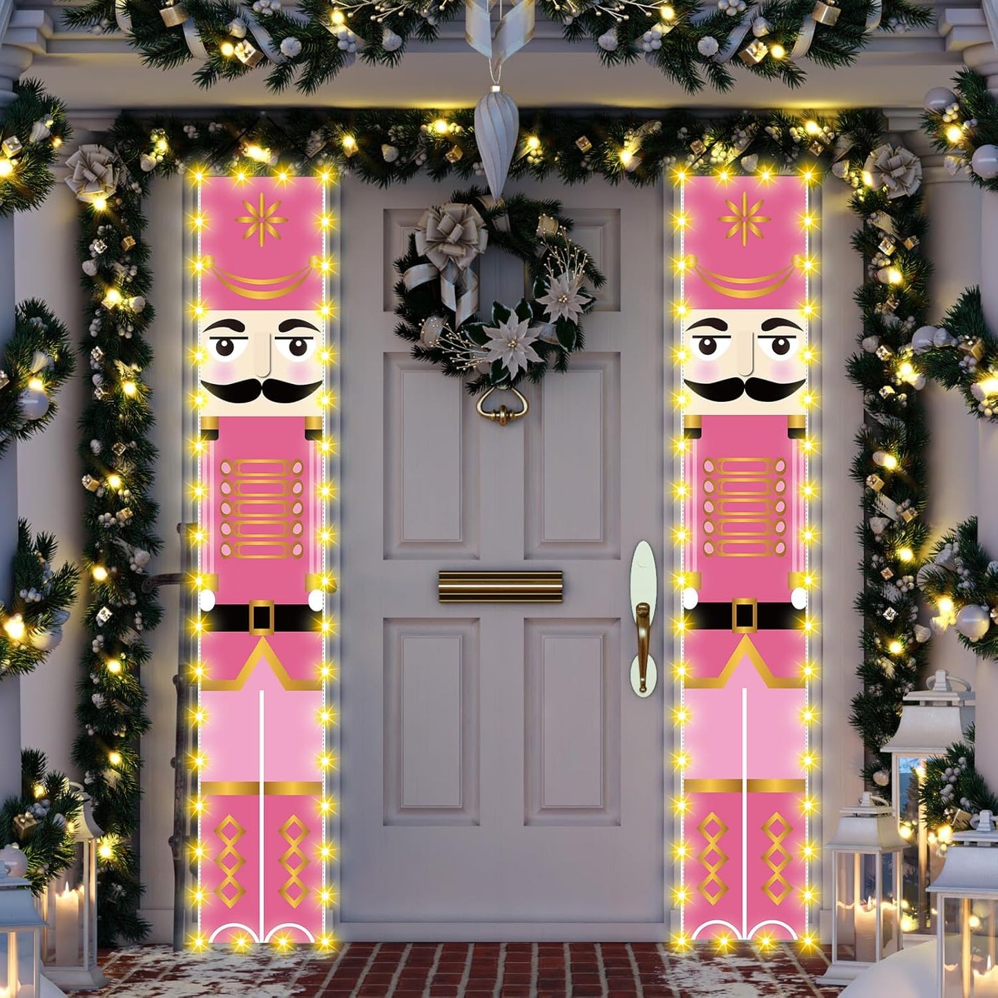 Pink Nutcracker Christmas Decorations with Lights Pink Nutcracker Porch Banner Outdoor Christmas Nutcracker Decorations and Supplies for Home Party