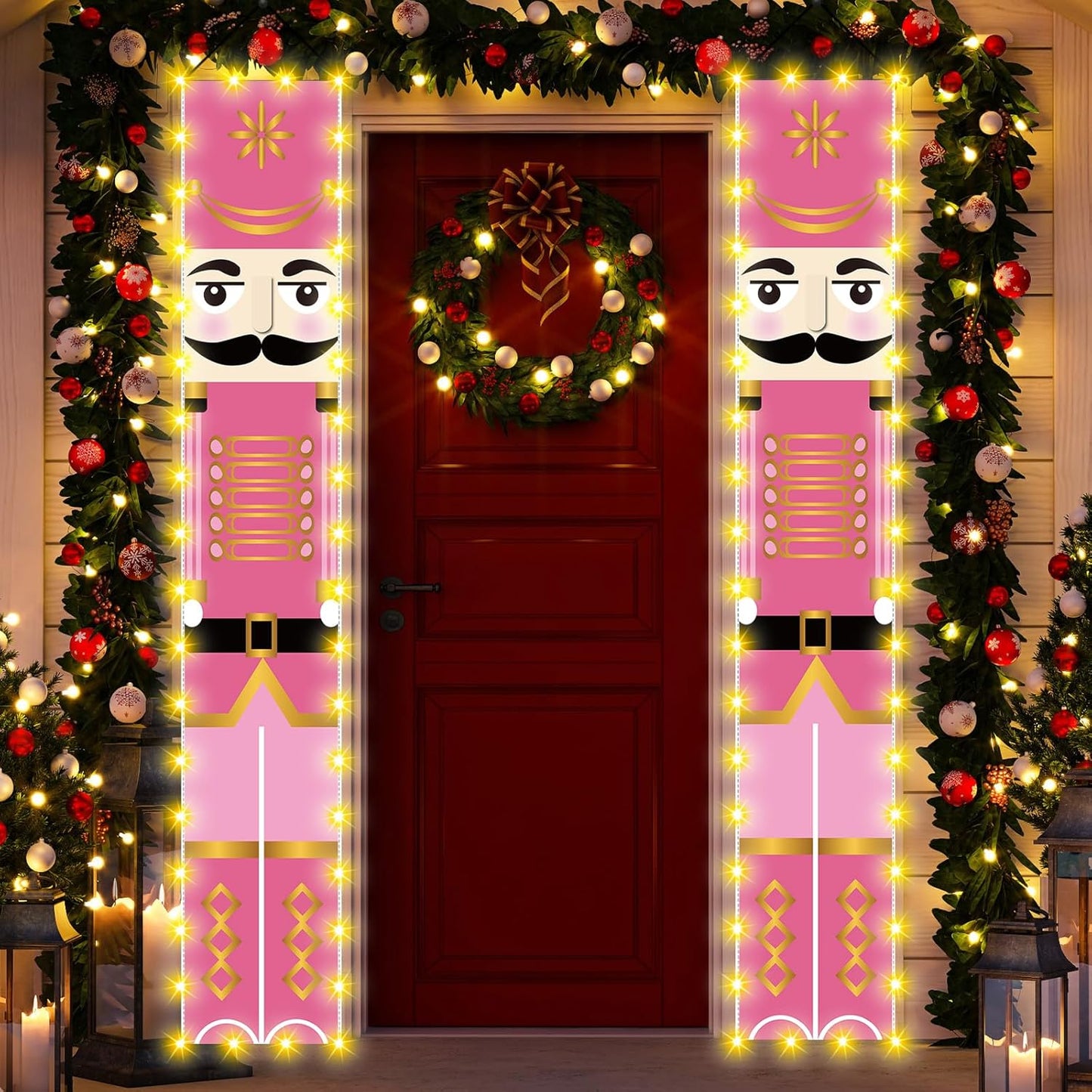 Pink Nutcracker Christmas Decorations with Lights Pink Nutcracker Porch Banner Outdoor Christmas Nutcracker Decorations and Supplies for Home Party