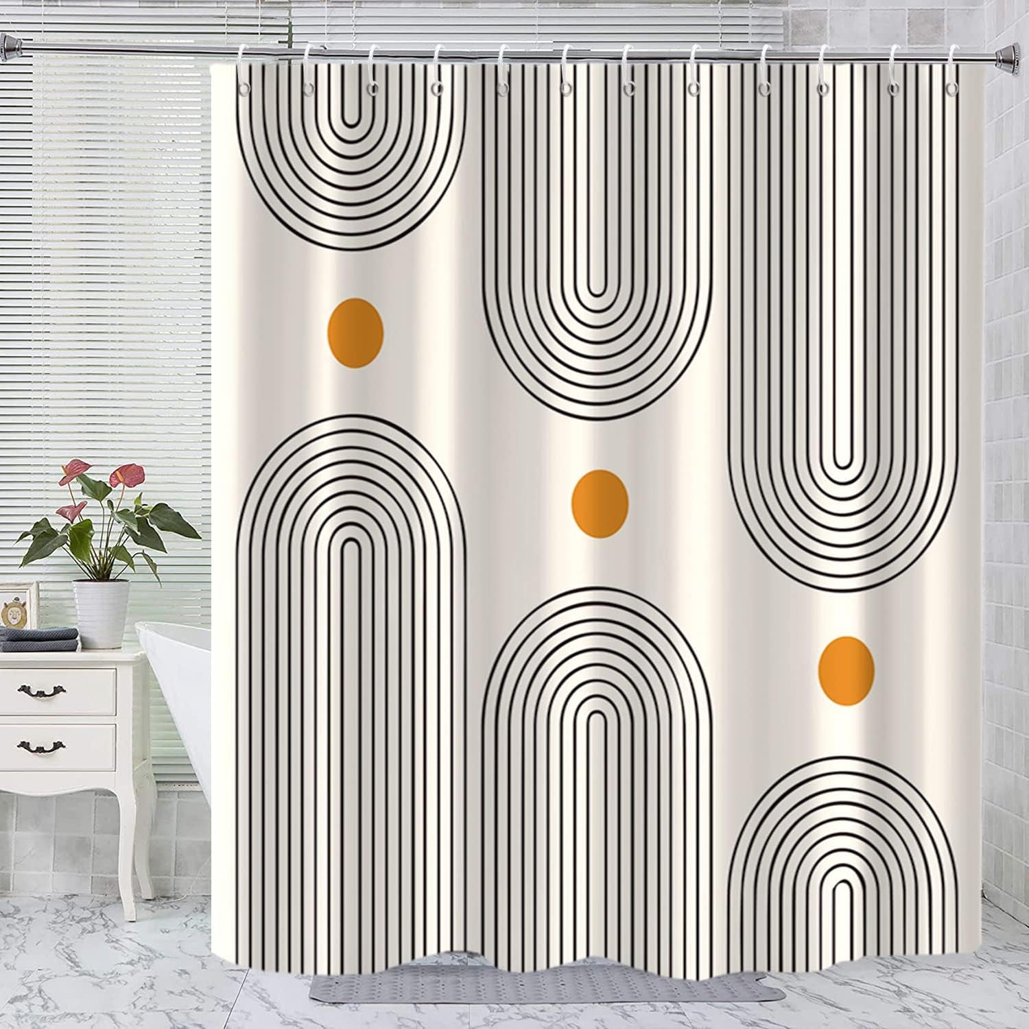 Boho Mid Century Shower Curtain, Minimalist Abstract Arch Simple Sun Modern Machine Washable Waterproof Fabric for Bathroom Decor Bathtub with 12 Hooks 72X72