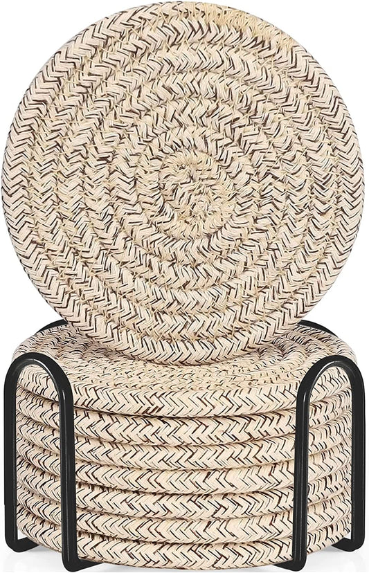 8 Pcs Drink Coasters with Holder, Cotton Woven Absorbent Coasters for Drinks, Minimalist Home Decor Coaster Set for Wooden Tabletop Protection Table, 4.3 Inches Mixed Brown