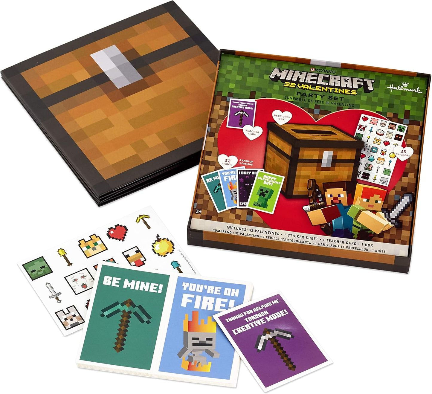 Minecraft Valentines Day Cards and Mailbox for Kids School Classroom Exchange (1 Box, 32 Valentine Cards, 35 Stickers, 1 Teacher Card)