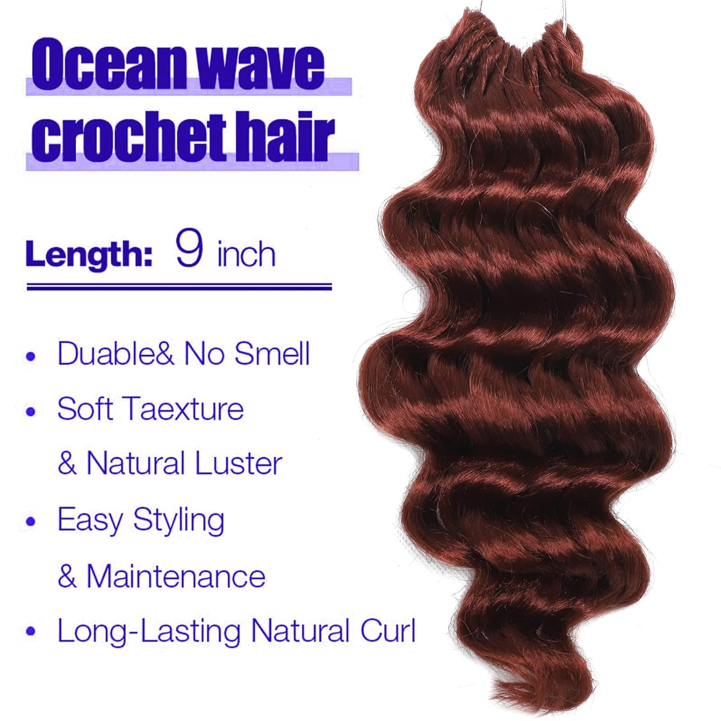 350# Ocean Wave Crochet Hair Pre Looped 9 Inch Ginger Curly Braiding Ocean Wave Hair 7 Packs Copper Red Deep Wave Short Wavy Ocean Wave Crochet Braids Hair Extensions for Women(9Inch (Pack of 7), 350)