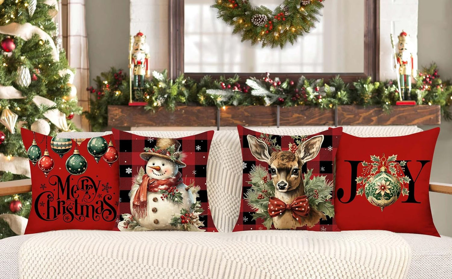 Buffalo Check Christmas Pillow Covers 18X18 Set of 4 Red Black Farmhouse Xmas Decorations Snowman Deer Joy Winter Holiday Decor Throw Cushion Case for Home Couch S24C03