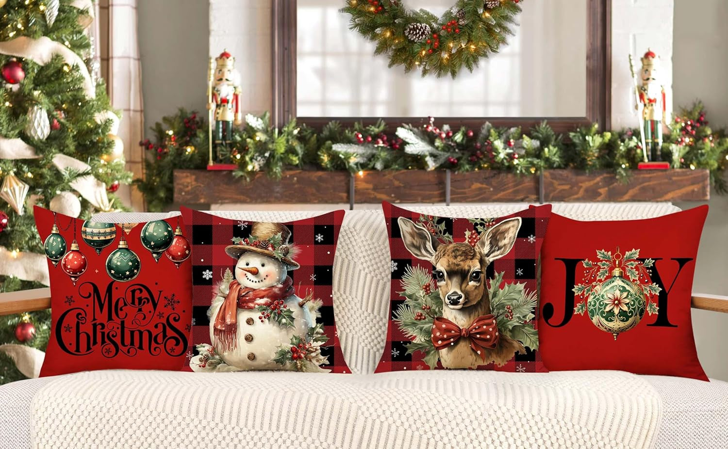 Buffalo Check Christmas Pillow Covers 18X18 Set of 4 Red Black Farmhouse Xmas Decorations Snowman Deer Joy Winter Holiday Decor Throw Cushion Case for Home Couch S24C03