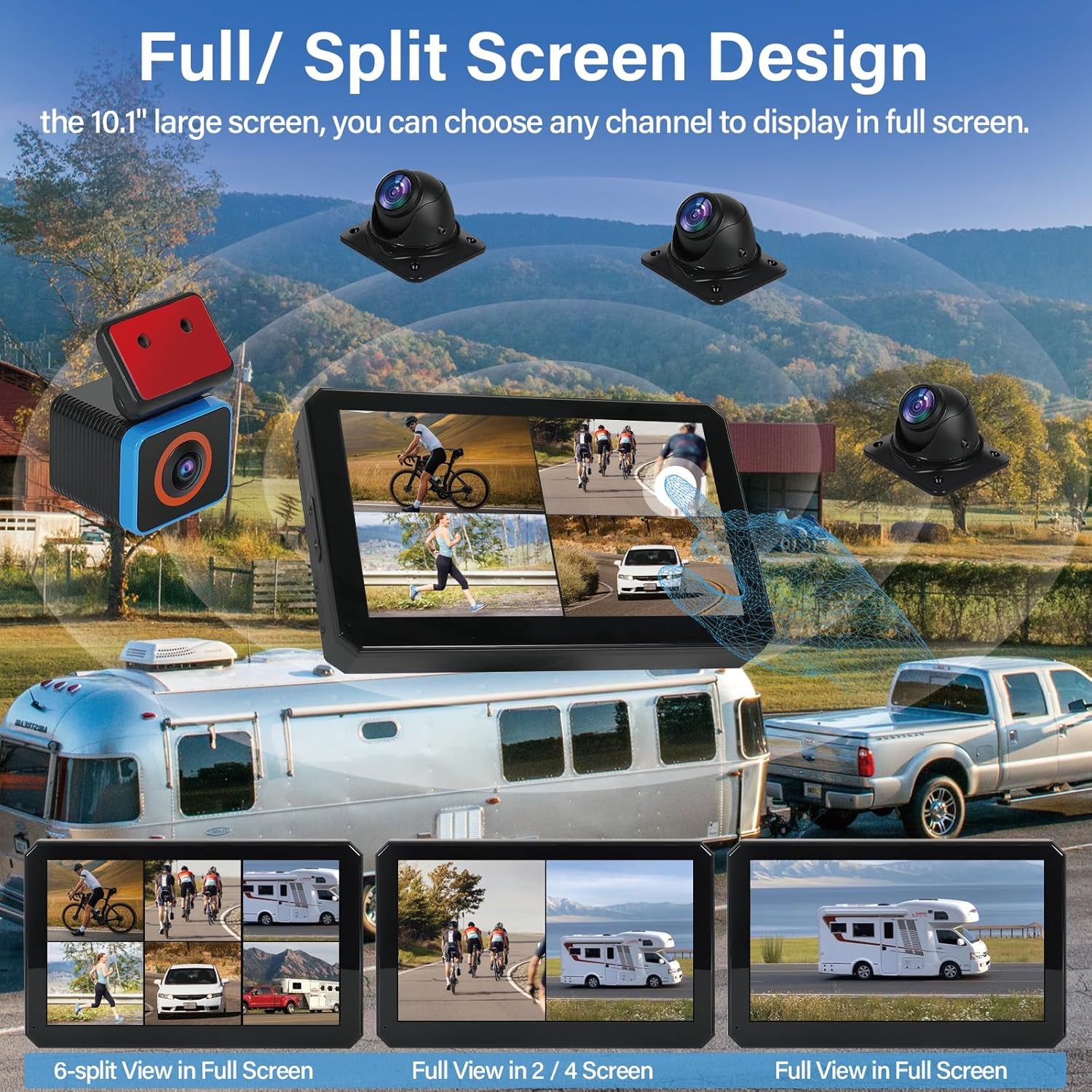 6CH AI Wifi GPS Sentry Mode RV Backup Camera System 10.1" Touch Screen Monitor with 4 1080P Rear Side View Camera,Mobile DVR Recording Live View on App/Web/Pc for Truck Trailer Tractor Fleet TRUCK DRIVER