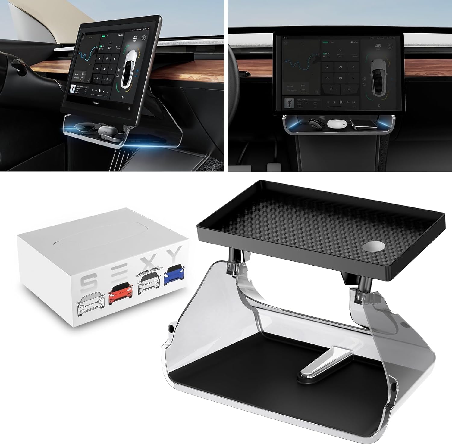 Tesla Center Console Organizer Tray:Under Screen Magnetic Storage Box for Model Y Model3 Accessories 2024 2023 2022 2021 behind Screen Storage Dashboard Organizer Tissue Holder