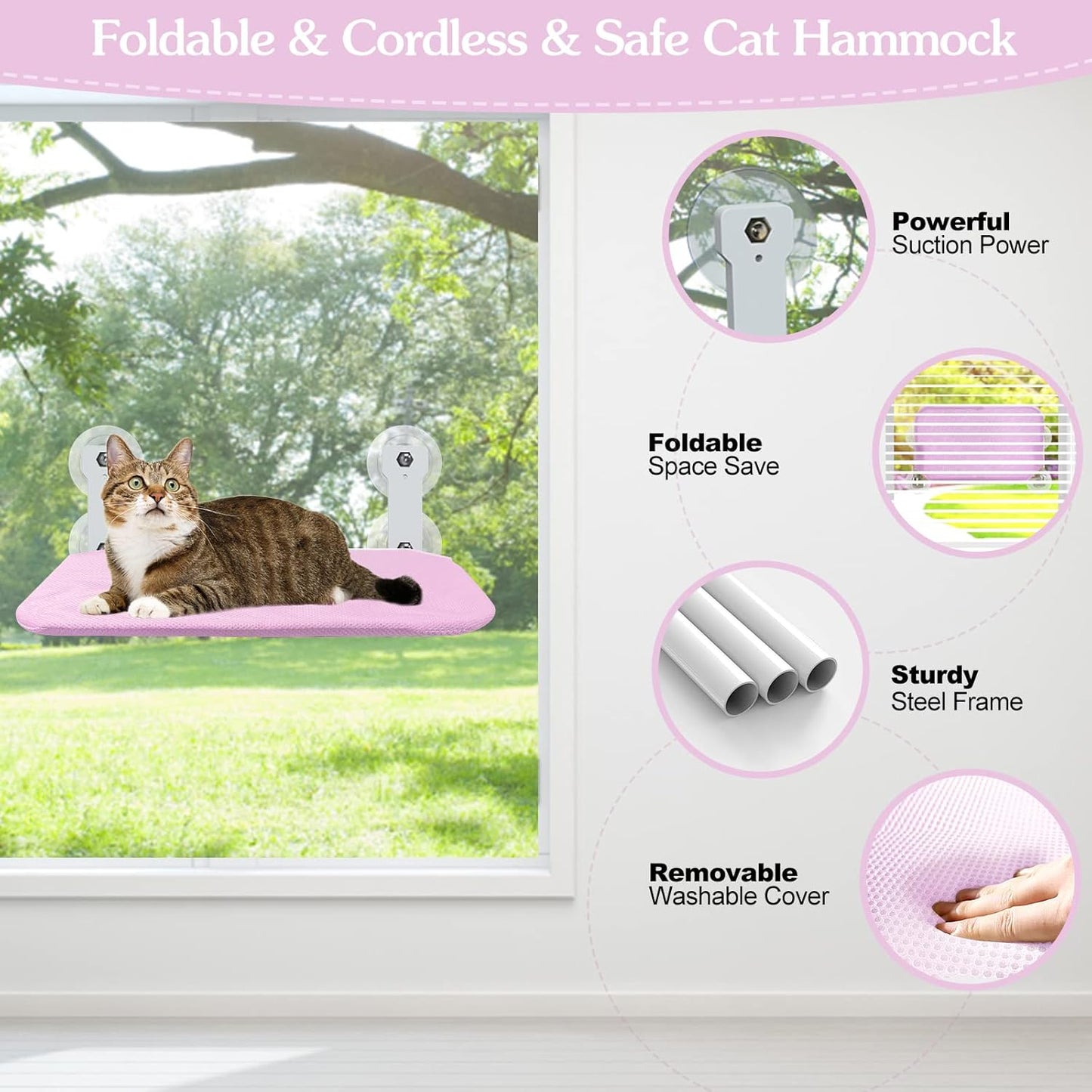 Foldable Cat Window Perch, Cordless Cat Window Hammock Cat Window Bed for Indoor Cats Inside, Large Cats Window Seat Window Sill Cat Perch, Strong Suction Cup & Sturdy Metal Frame & Breathable Mat