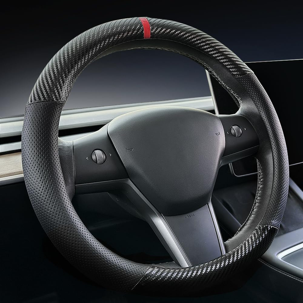 Carbon Fiber Leather Car Steering Wheel Cover ，For Tesla Model 3 / Model Y Steering Wheel Cover